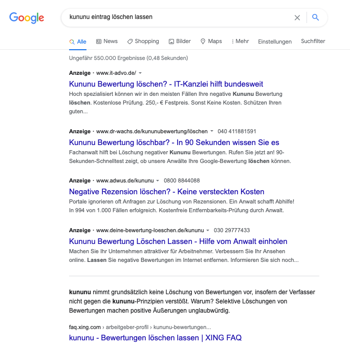 Google Suche kununu Einträge löschen lassen